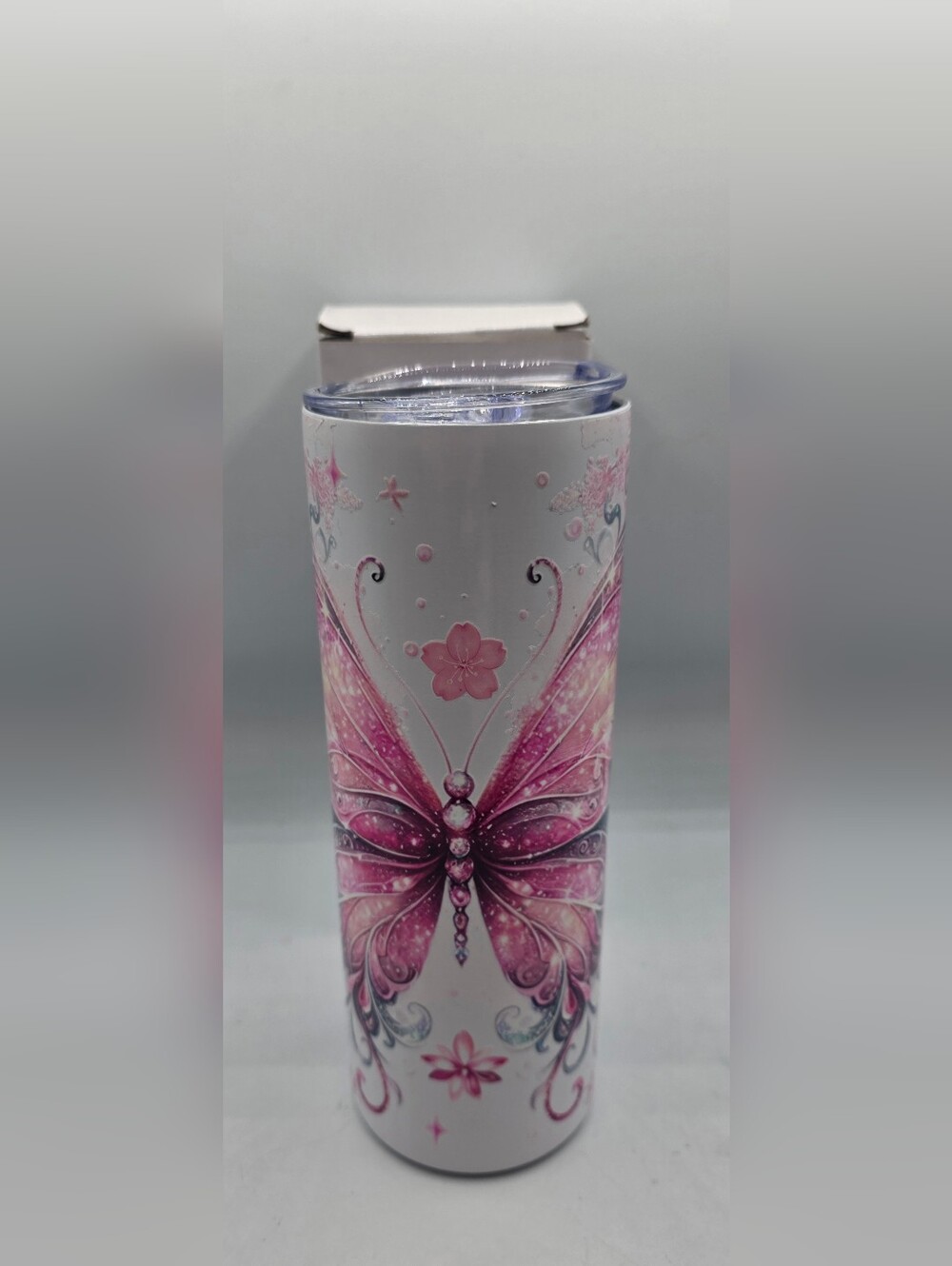 Pink Butterfly Stainless Tumbler with Lid